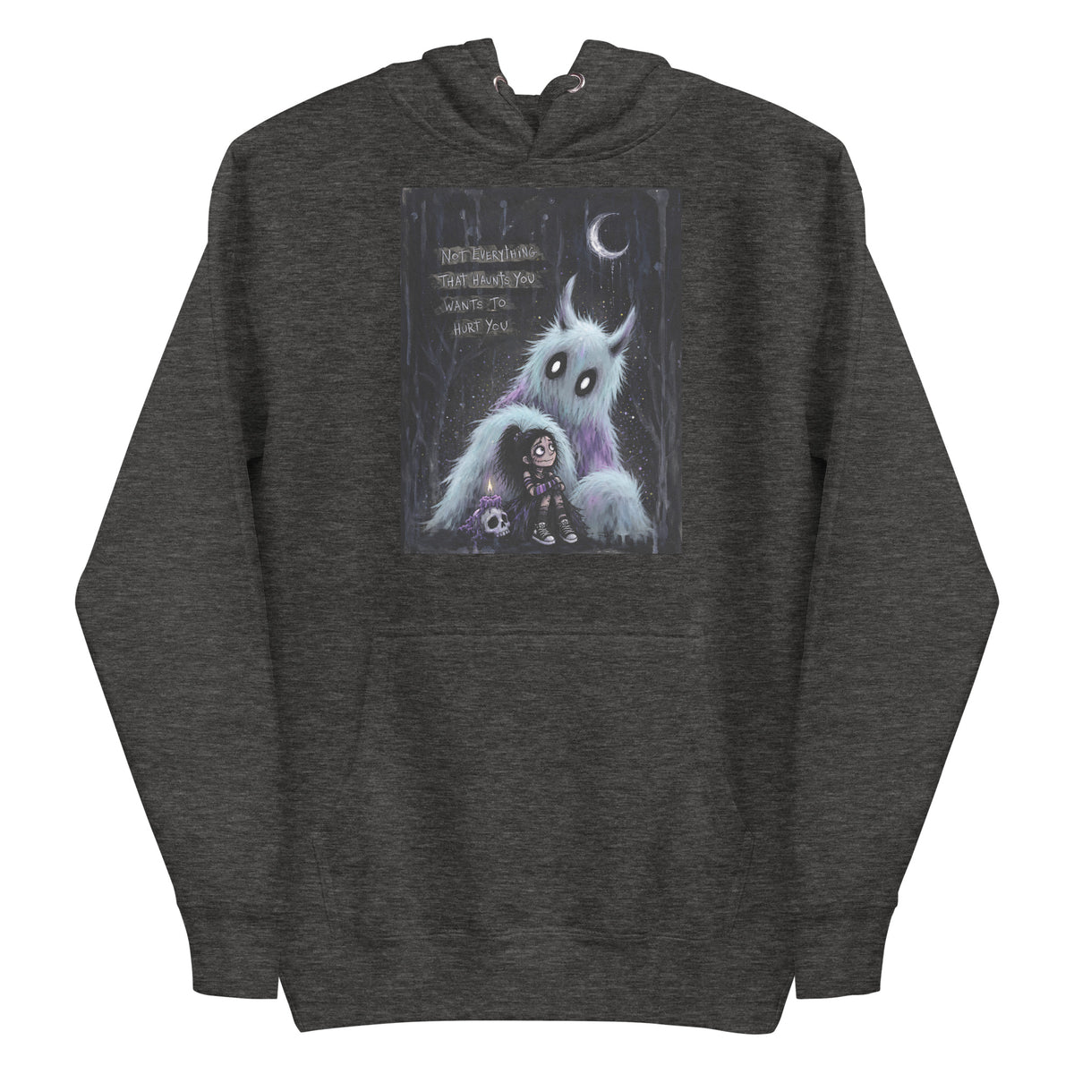 Charcoal heather pullover hoodie with the 'The Haunted' goth graphic: a little goth girl holding a candle beside a fuzzy blue monster under a crescent moon, with the words "Not everything that haunts you wants to hurt you"