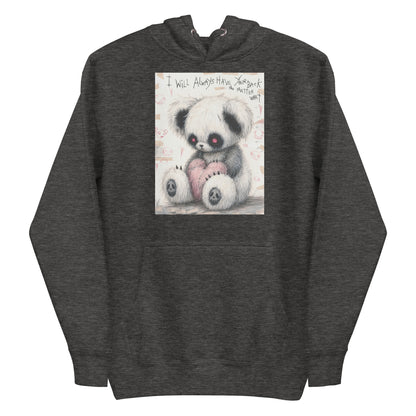 Charcoal heather pullover hoodie with the 'Always Got Your Back' goth graphic: a stitched panda-style teddy bear holding a pink heart, with the words "I will always have your back no matter what"