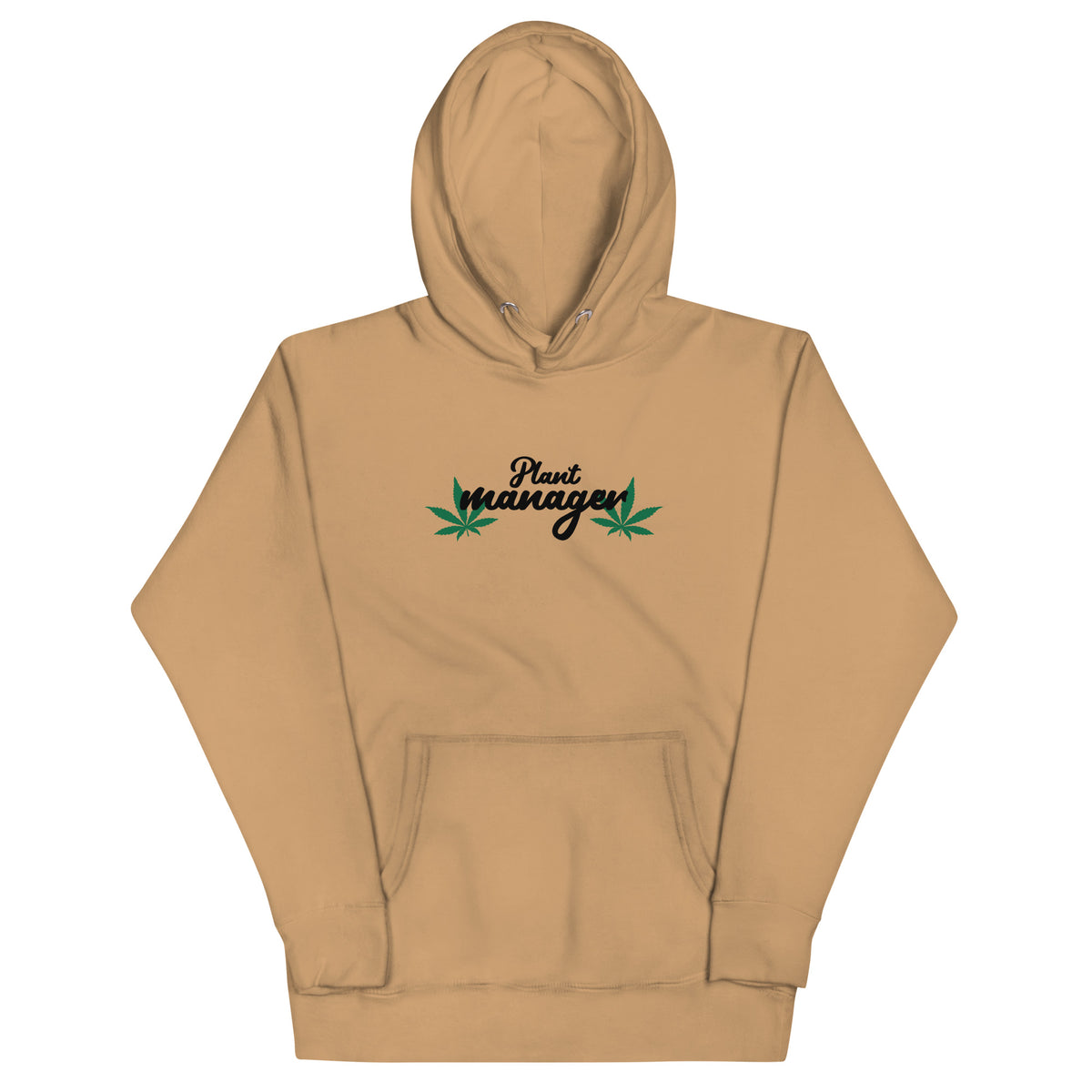 Unisex hoodie in tan with Plant Managers logo on chest and front kangaroo pocket