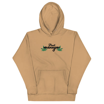 Unisex hoodie in tan with Plant Managers logo on chest and front kangaroo pocket