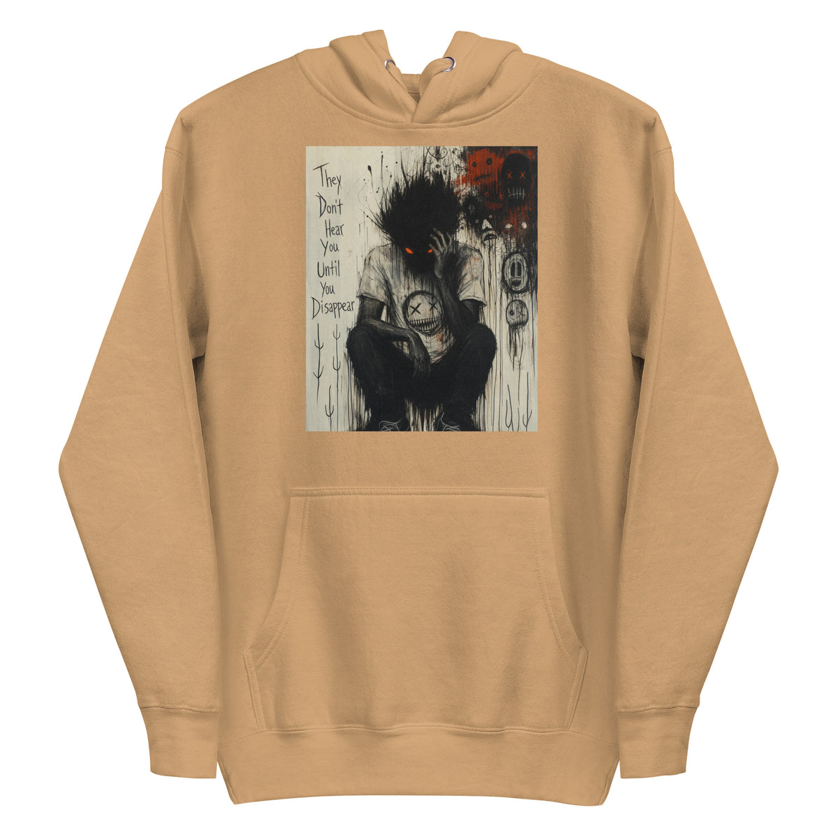 Khaki pullover hoodie with the 'To Late' goth graphic: a shadowy, wild-haired figure with glowing red eyes hunched over, with the words "They don't hear you until you disappear"
