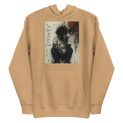 Khaki pullover hoodie with the 'To Late' goth graphic: a shadowy, wild-haired figure with glowing red eyes hunched over, with the words "They don't hear you until you disappear"