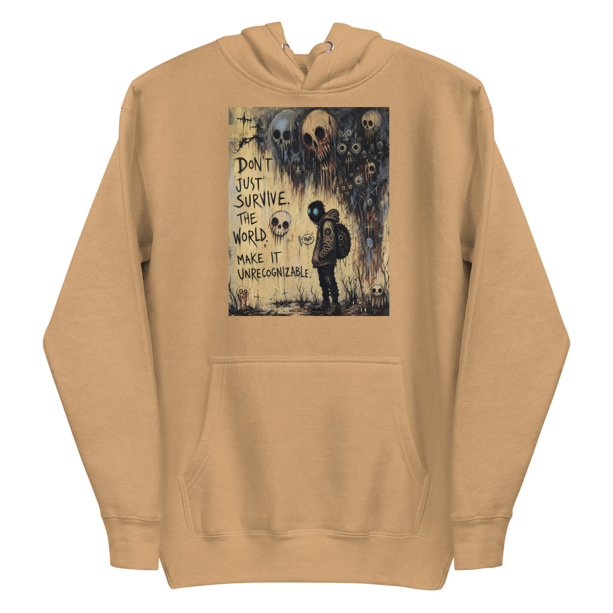 Khaki pullover hoodie with the 'World Changer' goth graphic: a hooded figure beneath looming skulls, with the words "Don't just survive the world, make it unrecognizable"
