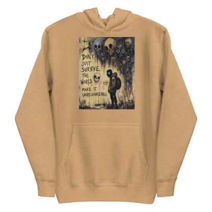 Khaki pullover hoodie with the 'World Changer' goth graphic: a hooded figure beneath looming skulls, with the words "Don't just survive the world, make it unrecognizable"