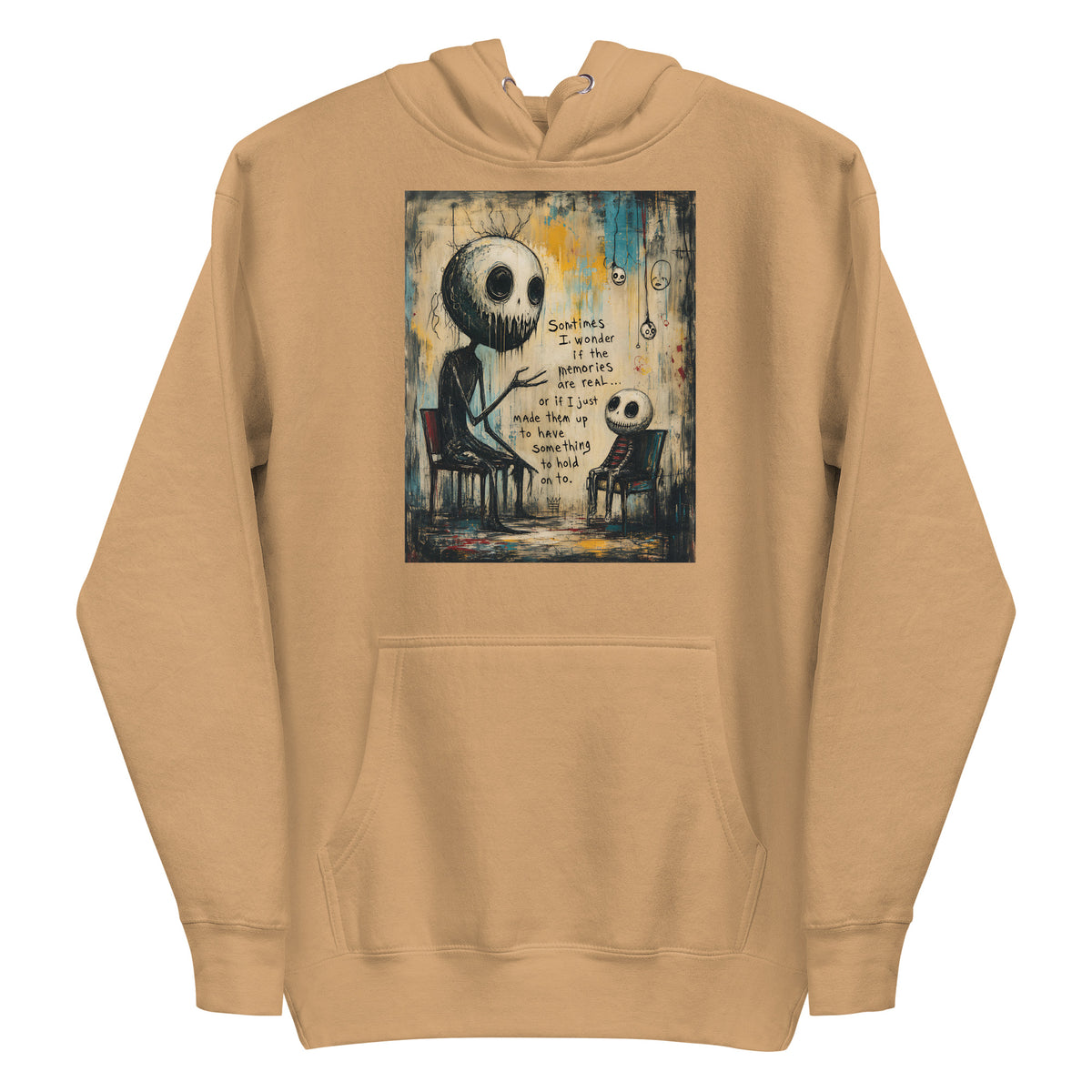Khaki pullover hoodie with the 'Memories' goth graphic: two skull-faced figures sitting in chairs, with the words "Sometimes I wonder if the memories are real"