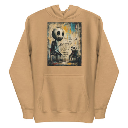 Khaki pullover hoodie with the 'Memories' goth graphic: two skull-faced figures sitting in chairs, with the words "Sometimes I wonder if the memories are real"