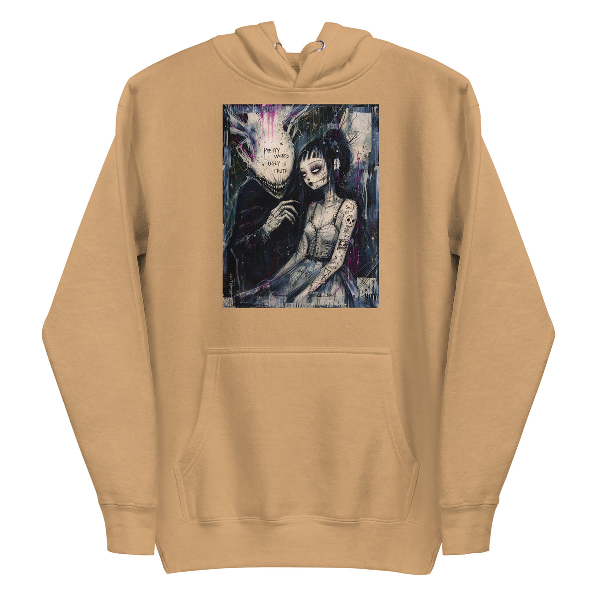 Khaki pullover hoodie with the 'Pretty Words' goth graphic: a pale goth bride beside a shadowy creature, with the words "Pretty words, ugly truth"