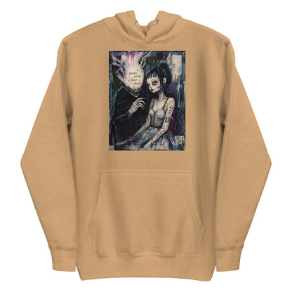 Khaki pullover hoodie with the 'Pretty Words' goth graphic: a pale goth bride beside a shadowy creature, with the words "Pretty words, ugly truth"