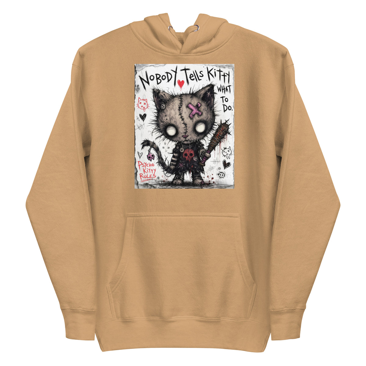 Khaki pullover hoodie with the 'Kitty' goth graphic: a stitched zombie cat holding a spiked bat, with the words "Nobody tells Kitty what to do"