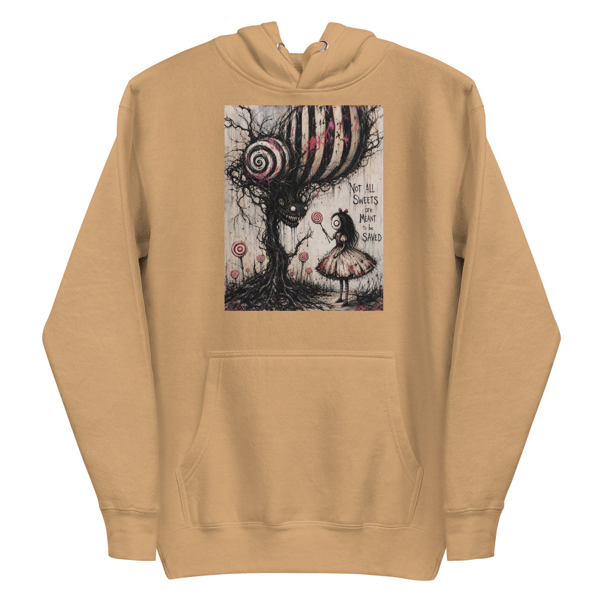 Khaki pullover hoodie with the 'Sweet Tooth' goth graphic: a girl with a lollipop facing a creepy candy-striped tree monster, with the words "Not all sweets are meant to be saved"