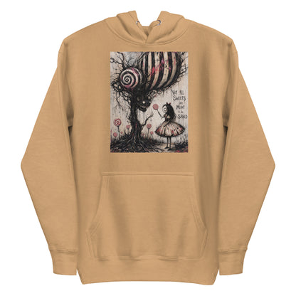 Khaki pullover hoodie with the 'Sweet Tooth' goth graphic: a girl with a lollipop facing a creepy candy-striped tree monster, with the words "Not all sweets are meant to be saved"