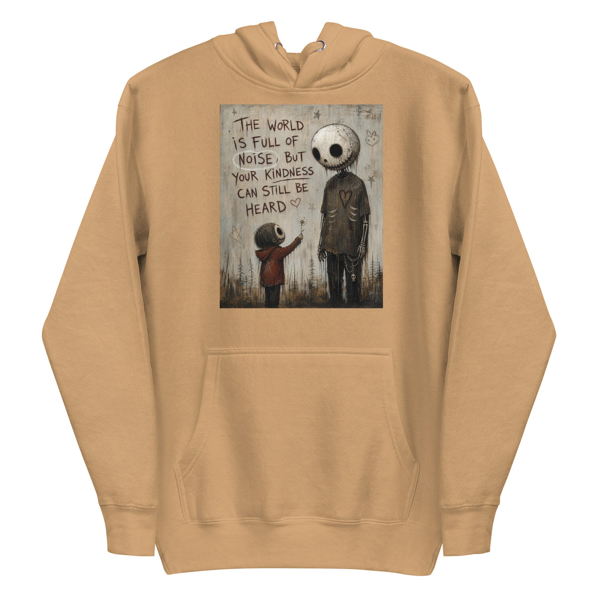 Khaki pullover hoodie with the 'Stay Kind' goth graphic: a tall skull-faced figure and a small child holding a flower, with the words "The world is full of noise, but your kindness can still be heard"