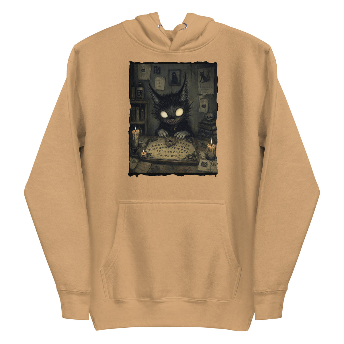 Khaki pullover hoodie with the 'Free Readings' goth graphic: a wide-eyed black cat creature at a Ouija board surrounded by candles