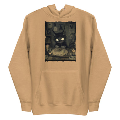 Khaki pullover hoodie with the 'Free Readings' goth graphic: a wide-eyed black cat creature at a Ouija board surrounded by candles