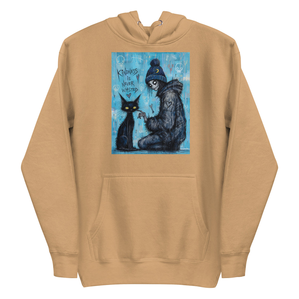 Khaki pullover hoodie with the 'Kindness Is Never Wasted' goth graphic: a girl in a moon beanie petting a black cat on a blue background, with the words "Kindness is never wasted"