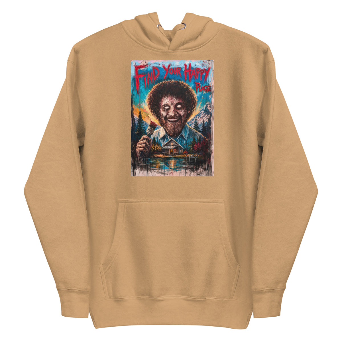 Khaki pullover hoodie with the 'Find Your Happy Place' goth graphic: a zombie painter with a curly afro holding a paintbrush in front of a lakeside cabin, with the words "Find your happy place"