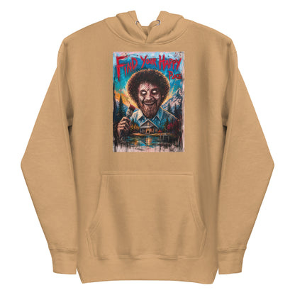 Khaki pullover hoodie with the 'Find Your Happy Place' goth graphic: a zombie painter with a curly afro holding a paintbrush in front of a lakeside cabin, with the words "Find your happy place"