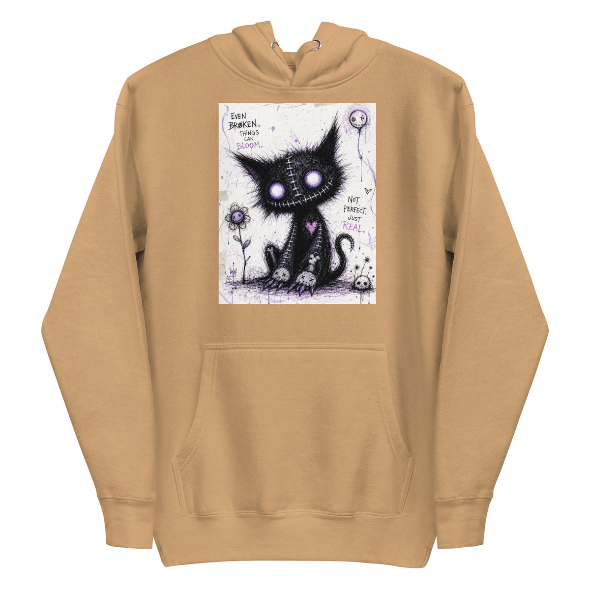 Khaki pullover hoodie with the 'Even Broken Things Can Bloom' goth graphic: a stitched black cat with glowing purple eyes beside a flower, with the words "Even broken things can bloom"
