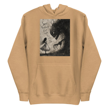 Khaki pullover hoodie with the 'Nightmares' goth graphic: a girl in a white dress facing a shadowy clawed monster, with the words "Some nightmares don't leave, they learn your name"