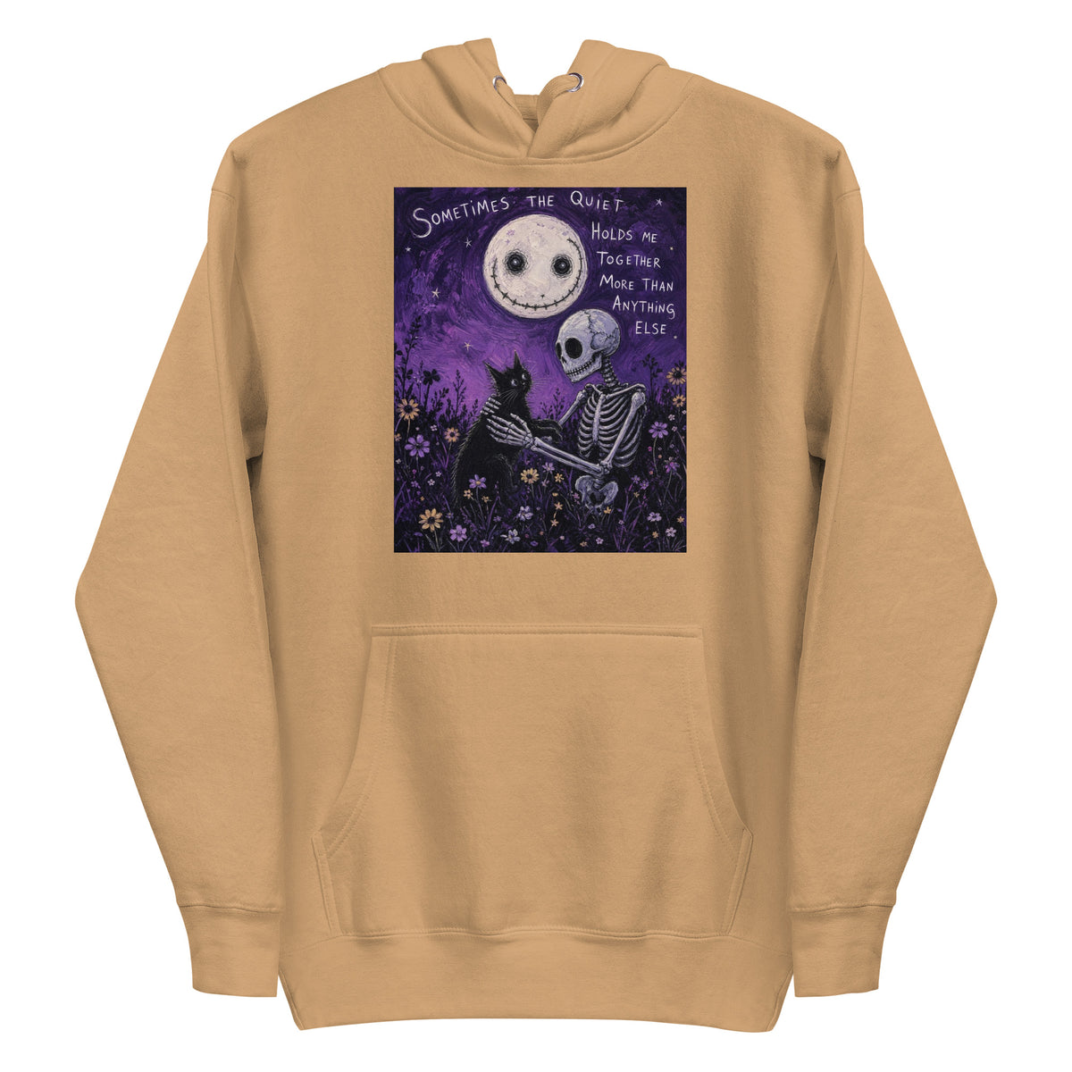 Khaki pullover hoodie with the 'The Quiet Heals' goth graphic: a skeleton and a black cat in a purple flower field under a smiling moon, with the words "Sometimes the quiet holds me together more than anything else"