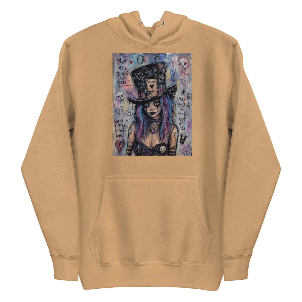 Khaki pullover hoodie with the 'The Real Alice' goth graphic: a goth girl with blue and purple hair in a patched top hat, with the words "Not all dolls are pretty"