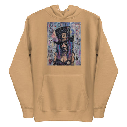 Khaki pullover hoodie with the 'The Real Alice' goth graphic: a goth girl with blue and purple hair in a patched top hat, with the words "Not all dolls are pretty"
