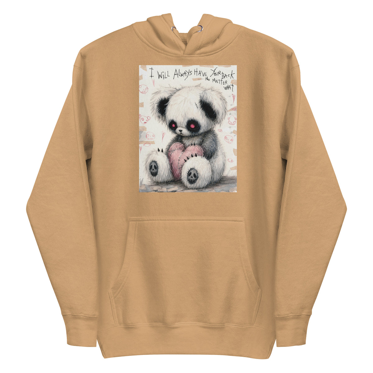 Khaki pullover hoodie with the 'Always Got Your Back' goth graphic: a stitched panda-style teddy bear holding a pink heart, with the words "I will always have your back no matter what"