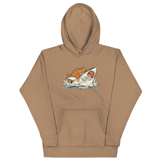 Unisex tan hoodie with tabby cat and shark graphic, front kangaroo pocket