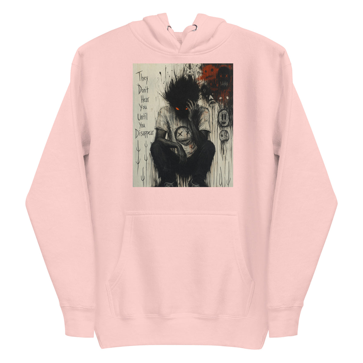 Light pink pullover hoodie with the 'To Late' goth graphic: a shadowy, wild-haired figure with glowing red eyes hunched over, with the words "They don't hear you until you disappear"