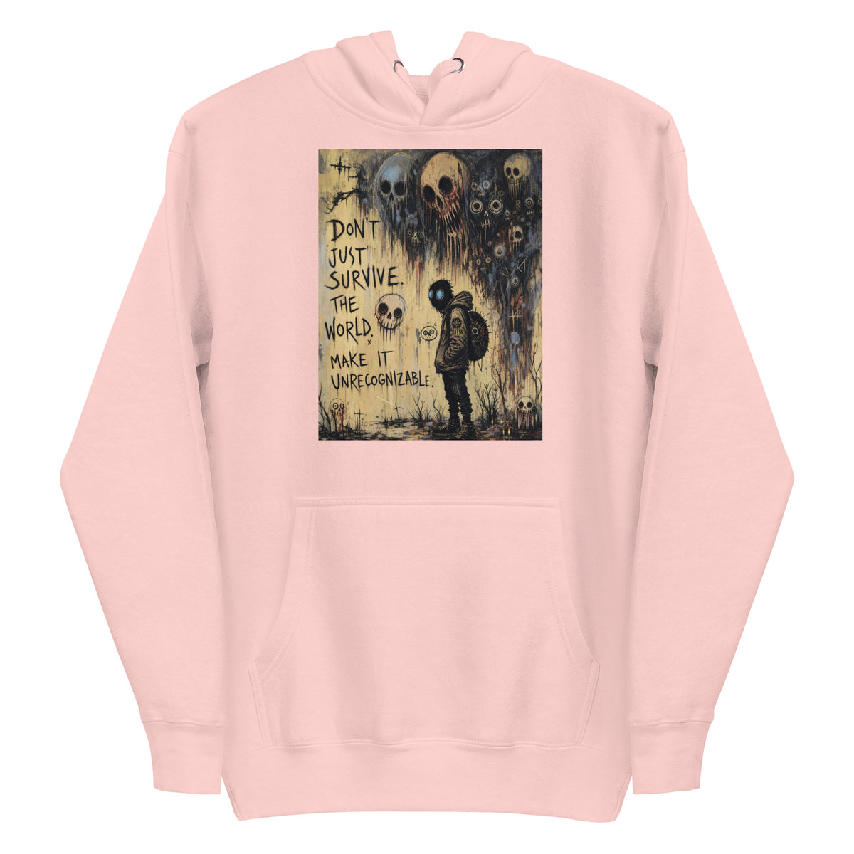 Light pink pullover hoodie with the 'World Changer' goth graphic: a hooded figure beneath looming skulls, with the words "Don't just survive the world, make it unrecognizable"