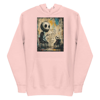 Light pink pullover hoodie with the 'Memories' goth graphic: two skull-faced figures sitting in chairs, with the words "Sometimes I wonder if the memories are real"