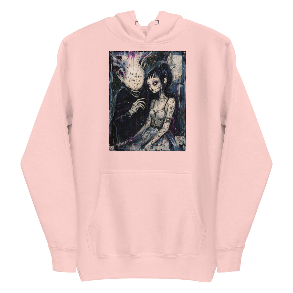 Light pink pullover hoodie with the 'Pretty Words' goth graphic: a pale goth bride beside a shadowy creature, with the words "Pretty words, ugly truth"