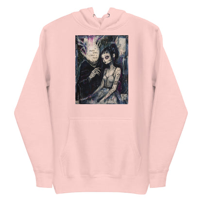 Light pink pullover hoodie with the 'Pretty Words' goth graphic: a pale goth bride beside a shadowy creature, with the words "Pretty words, ugly truth"