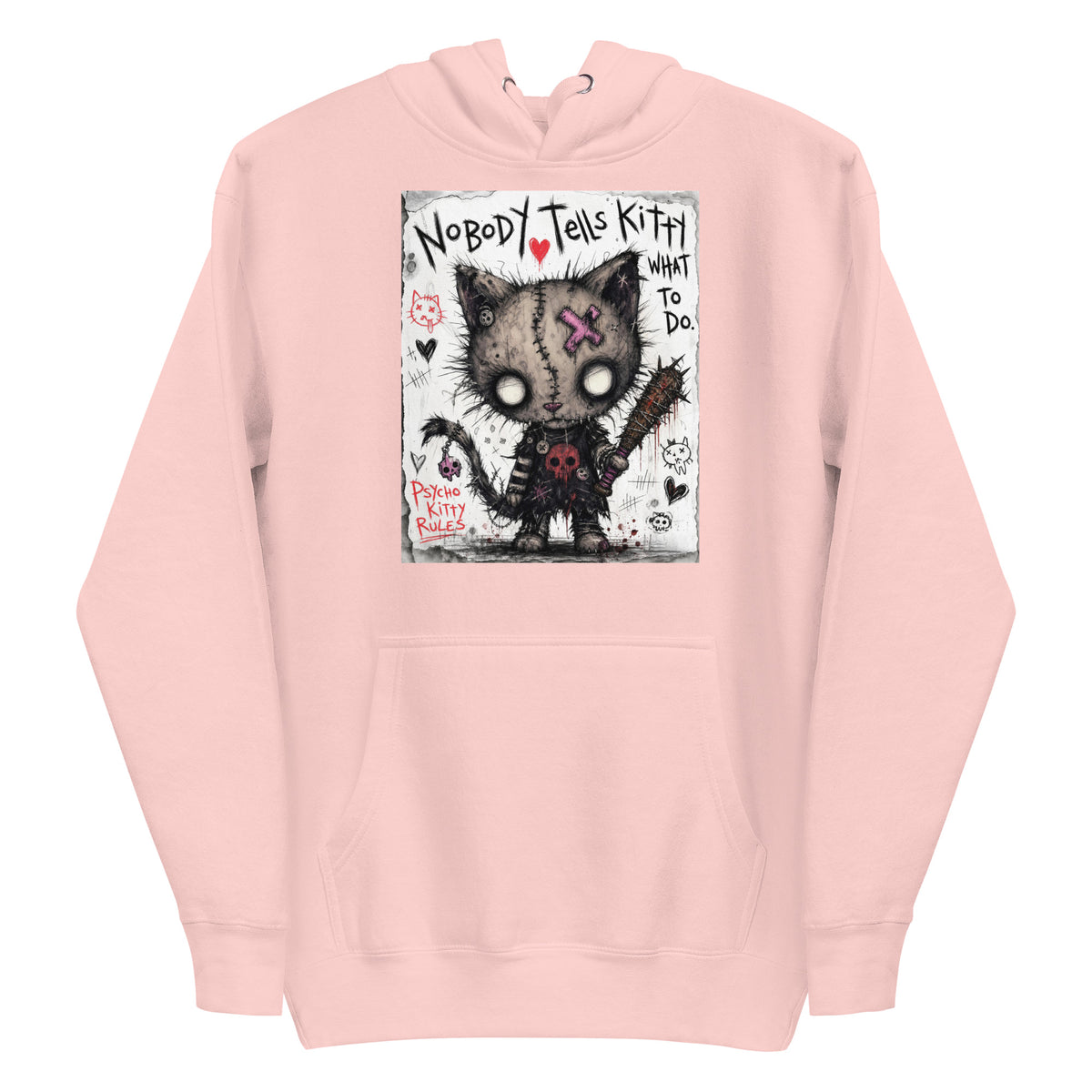 Light pink pullover hoodie with the 'Kitty' goth graphic: a stitched zombie cat holding a spiked bat, with the words "Nobody tells Kitty what to do"