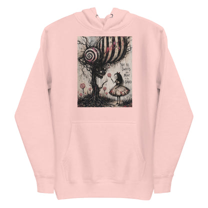 Light pink pullover hoodie with the 'Sweet Tooth' goth graphic: a girl with a lollipop facing a creepy candy-striped tree monster, with the words "Not all sweets are meant to be saved"