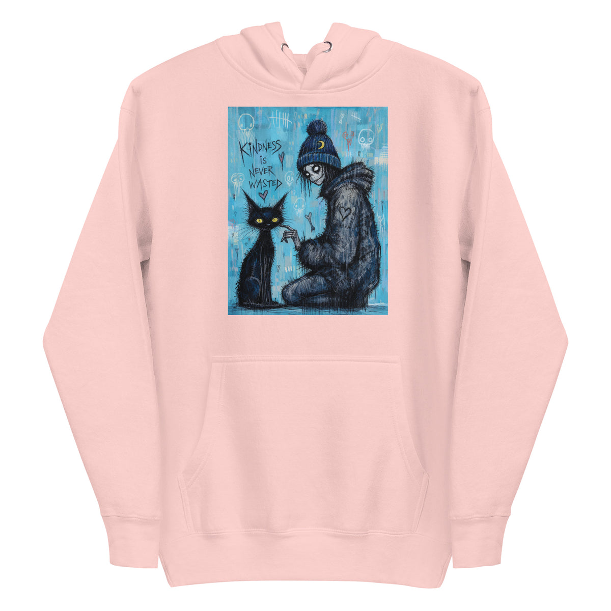 Light pink pullover hoodie with the 'Kindness Is Never Wasted' goth graphic: a girl in a moon beanie petting a black cat on a blue background, with the words "Kindness is never wasted"