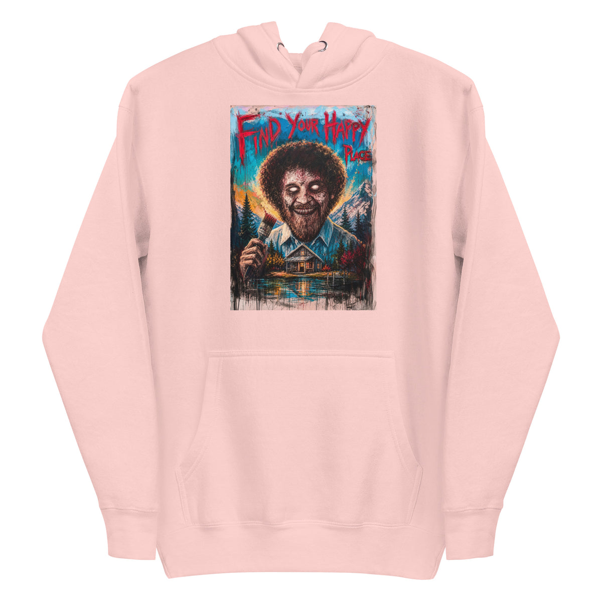 Light pink pullover hoodie with the 'Find Your Happy Place' goth graphic: a zombie painter with a curly afro holding a paintbrush in front of a lakeside cabin, with the words "Find your happy place"