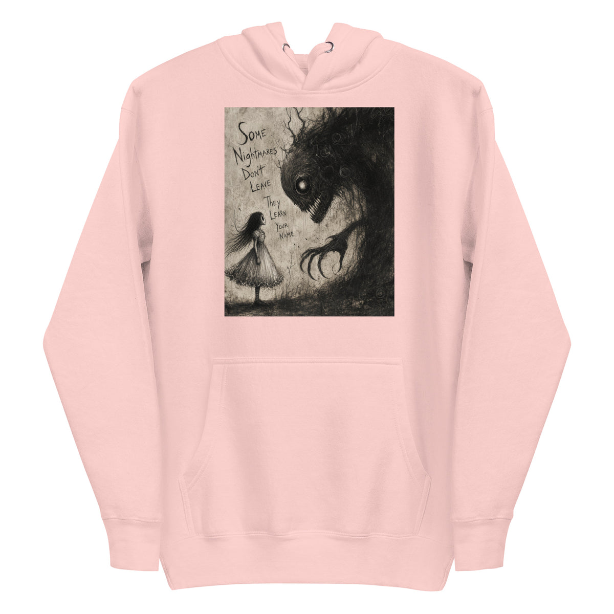 Light pink pullover hoodie with the 'Nightmares' goth graphic: a girl in a white dress facing a shadowy clawed monster, with the words "Some nightmares don't leave, they learn your name"