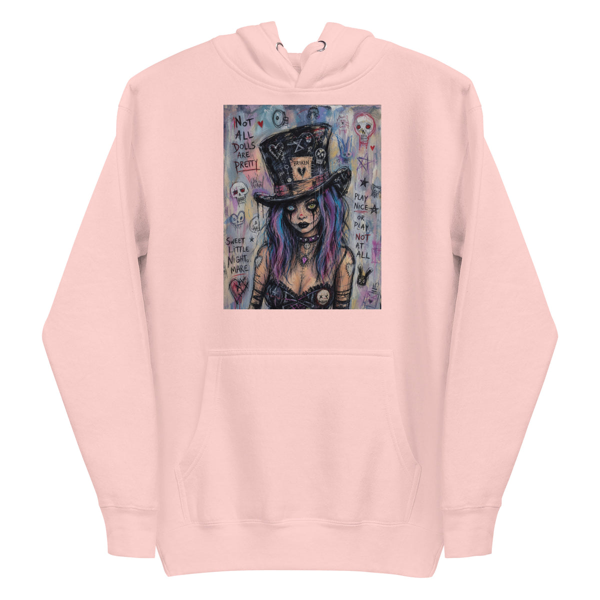 Light pink pullover hoodie with the 'The Real Alice' goth graphic: a goth girl with blue and purple hair in a patched top hat, with the words "Not all dolls are pretty"