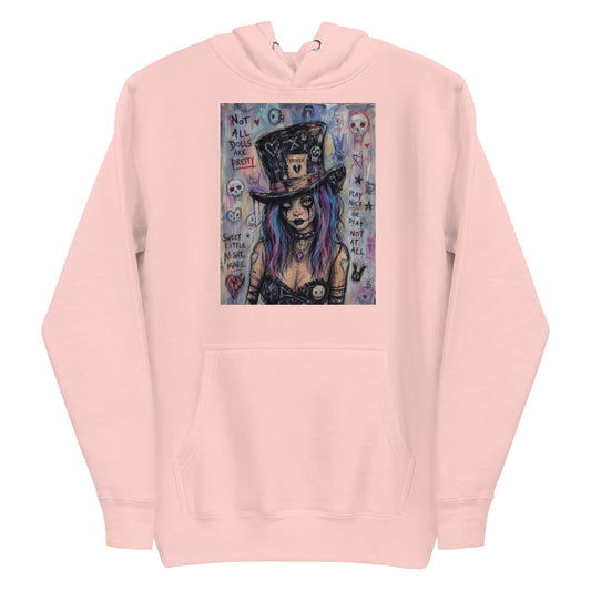 Light pink pullover hoodie with the 'The Real Alice' goth graphic: a goth girl with blue and purple hair in a patched top hat, with the words "Not all dolls are pretty"