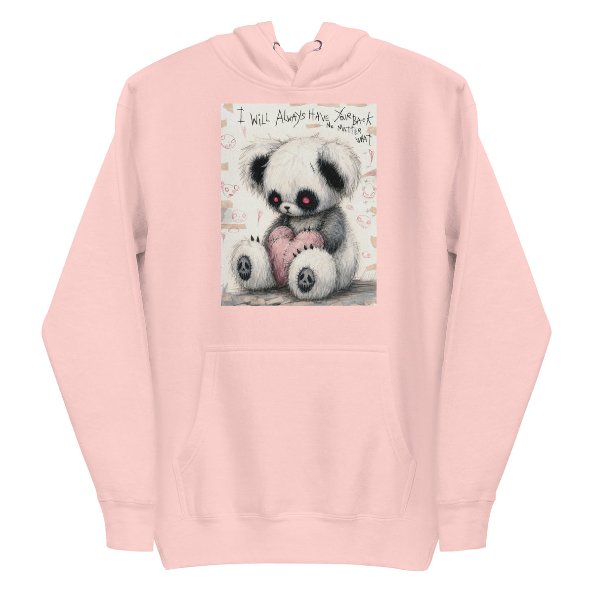 Light pink pullover hoodie with the 'Always Got Your Back' goth graphic: a stitched panda-style teddy bear holding a pink heart, with the words "I will always have your back no matter what"
