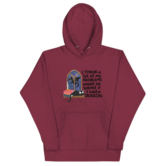 Maroon unisex hoodie with front kangaroo pocket, drawstring hood, and dragon graphic on chest