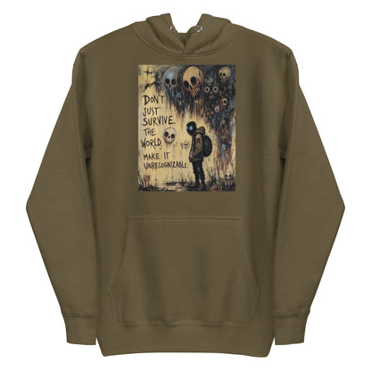 Military green pullover hoodie with the 'World Changer' goth graphic: a hooded figure beneath looming skulls, with the words "Don't just survive the world, make it unrecognizable"