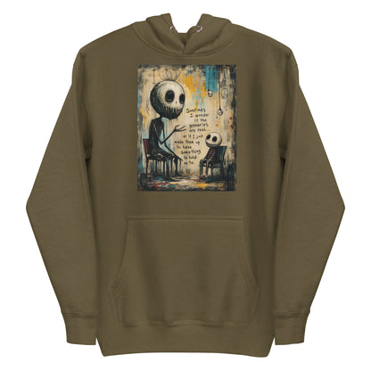 Military green pullover hoodie with the 'Memories' goth graphic: two skull-faced figures sitting in chairs, with the words "Sometimes I wonder if the memories are real"