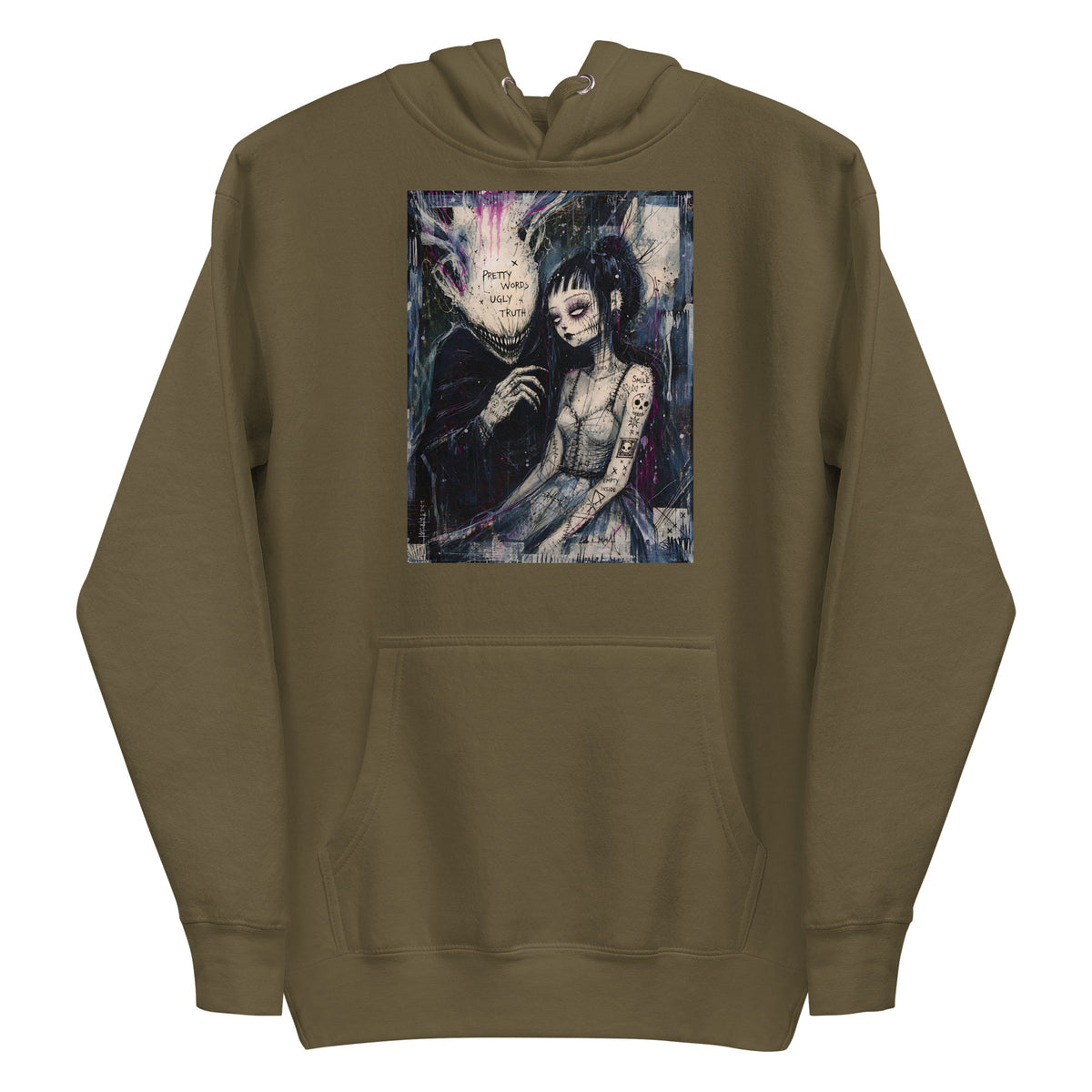 Military green pullover hoodie with the 'Pretty Words' goth graphic: a pale goth bride beside a shadowy creature, with the words "Pretty words, ugly truth"