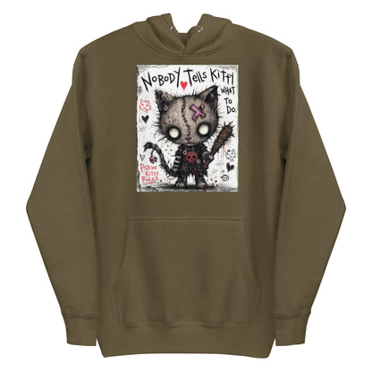 Military green pullover hoodie with the 'Kitty' goth graphic: a stitched zombie cat holding a spiked bat, with the words "Nobody tells Kitty what to do"