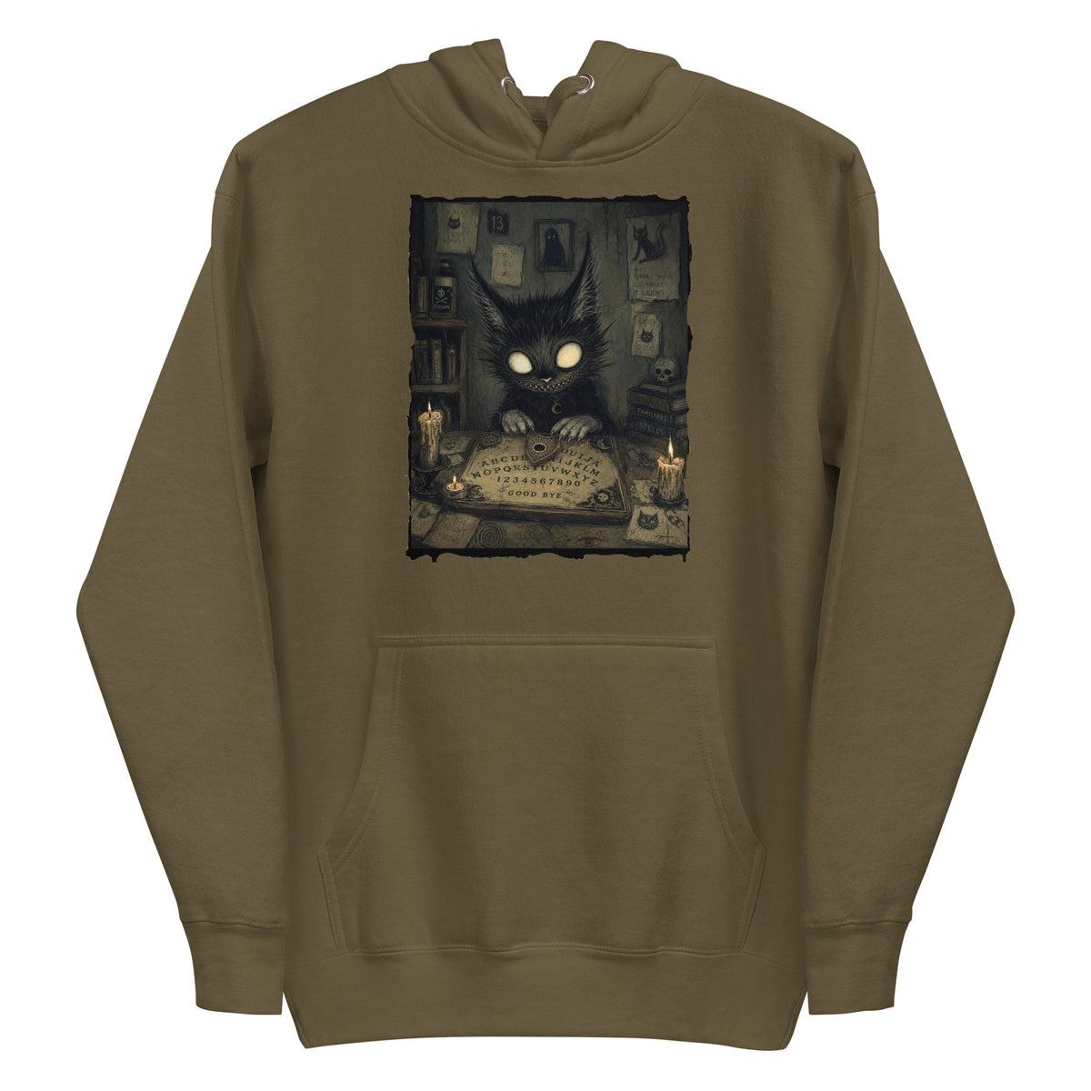 Military green pullover hoodie with the 'Free Readings' goth graphic: a wide-eyed black cat creature at a Ouija board surrounded by candles