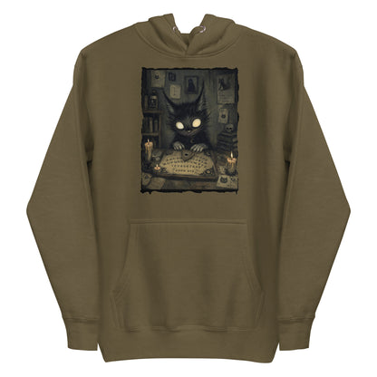 Military green pullover hoodie with the 'Free Readings' goth graphic: a wide-eyed black cat creature at a Ouija board surrounded by candles