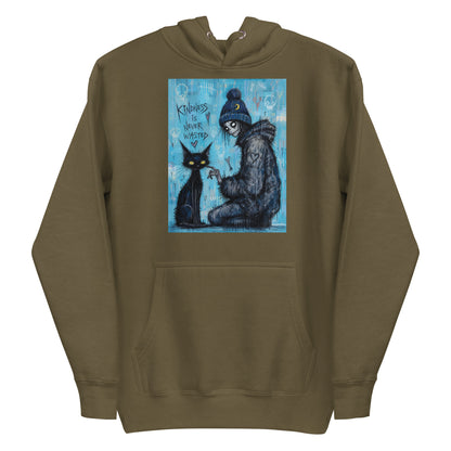 Military green pullover hoodie with the 'Kindness Is Never Wasted' goth graphic: a girl in a moon beanie petting a black cat on a blue background, with the words "Kindness is never wasted"
