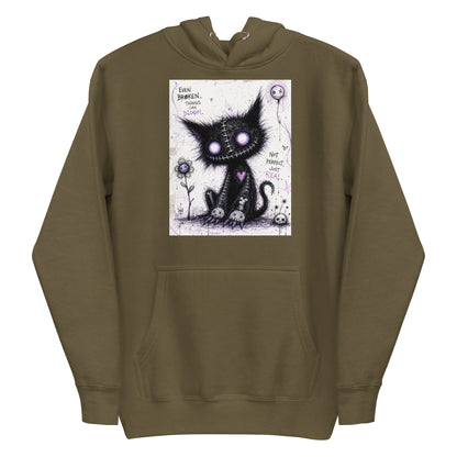 Military green pullover hoodie with the 'Even Broken Things Can Bloom' goth graphic: a stitched black cat with glowing purple eyes beside a flower, with the words "Even broken things can bloom"